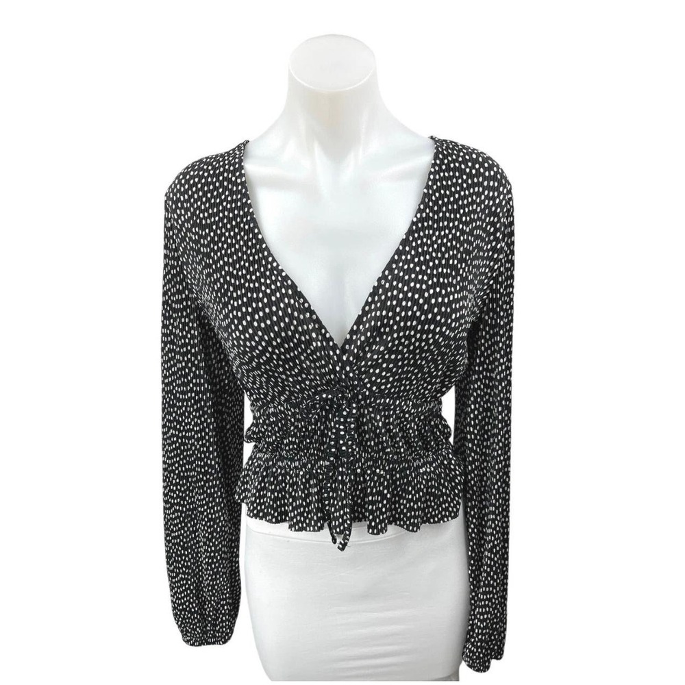 Zara Plisse Pleated Polka Dot Crop‎ Top Blouse Tie Front Long Sleeve Black S